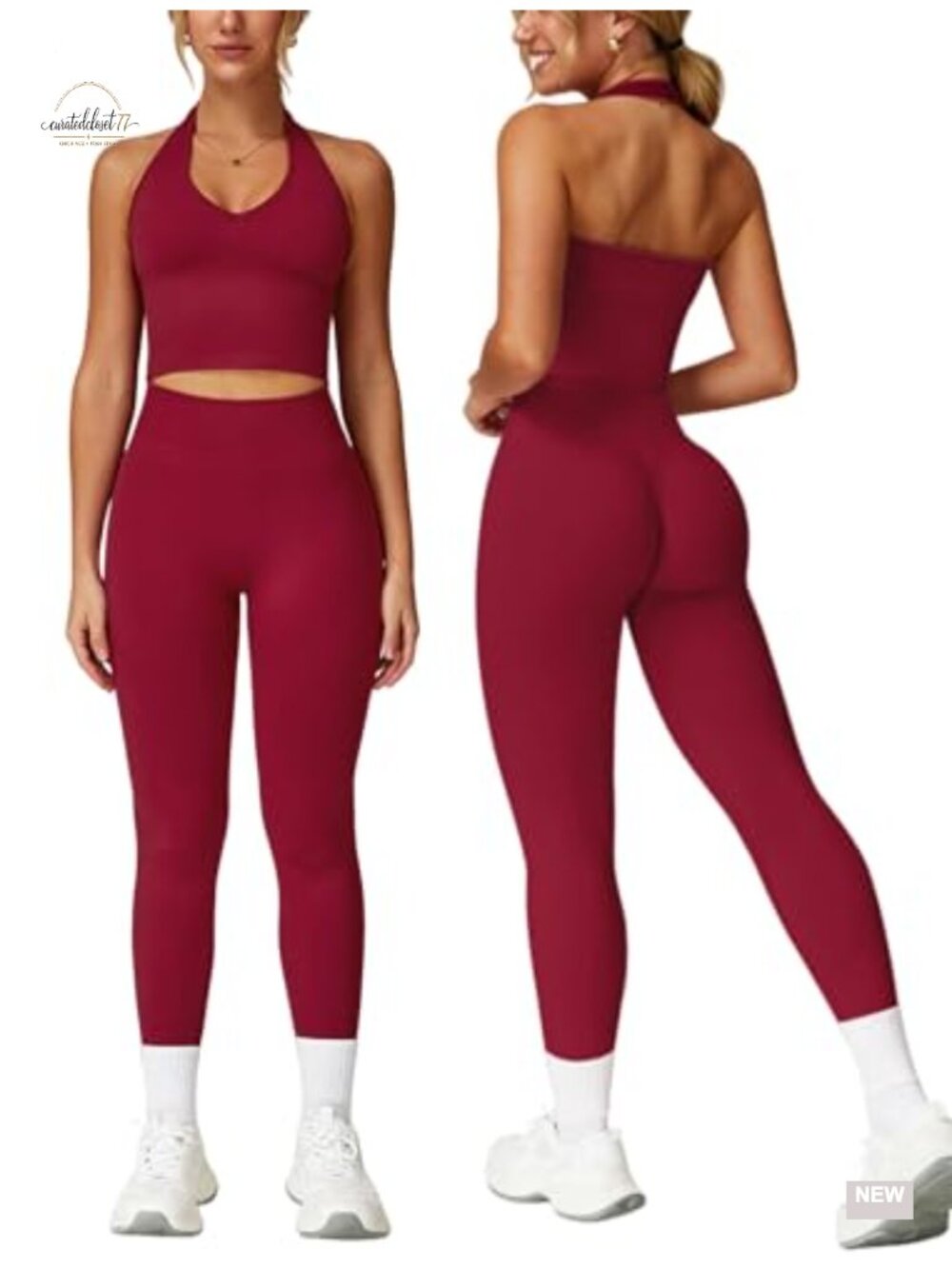 Seamless 2 Piece Workout Set Halter Tank Top Scrunchie Leggings